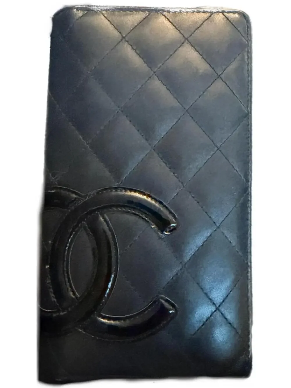 CHANEL Lambskin Cambon Long Bi Fold Wallet Black Hot Pink (P37)
